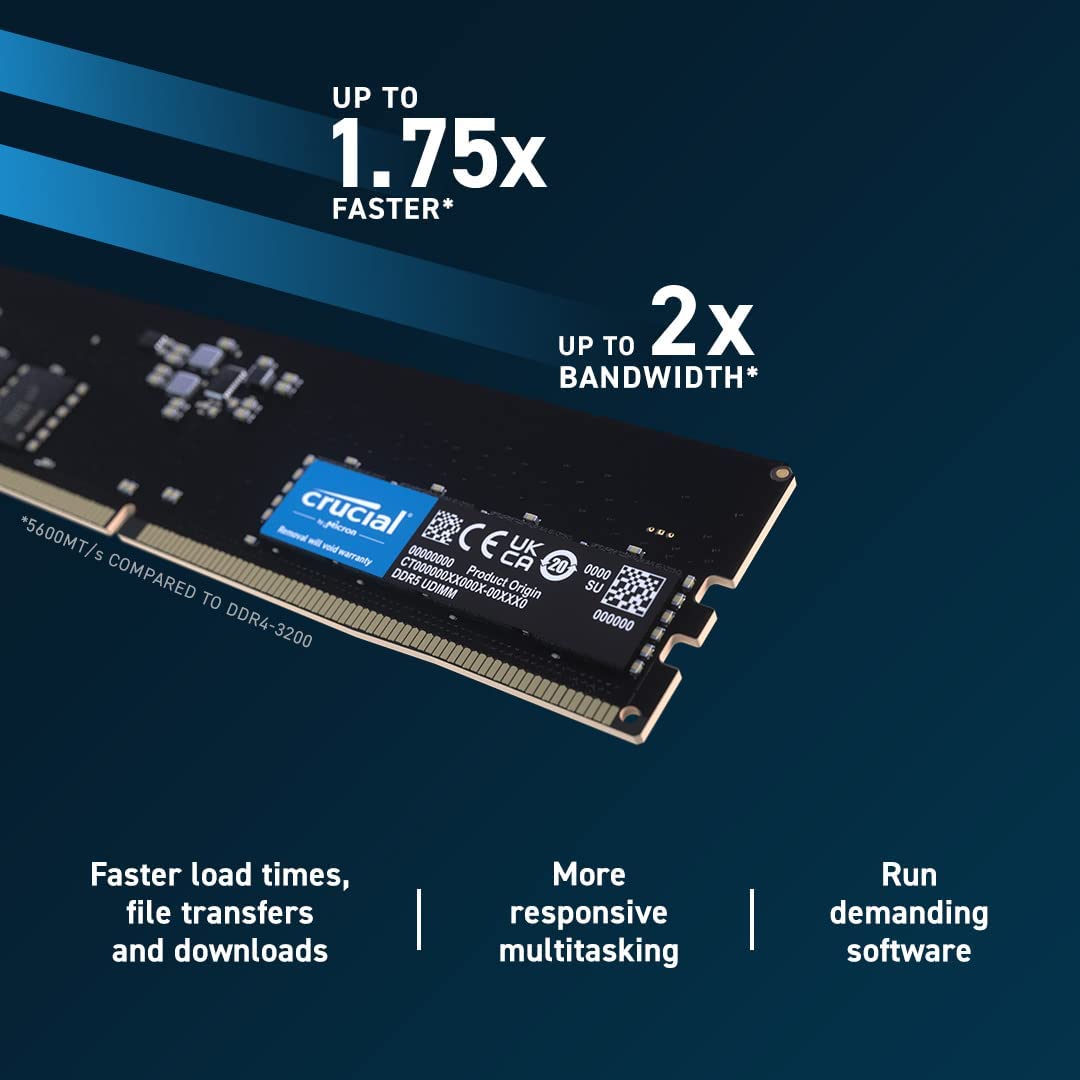 Crucial CT16G56C46U5 16GB DDR5 5600MHz (or 5200MHz or 4800MHz) Desktop Memory Crucial CT16G56C46U5 16GB DDR5 5600MHz (or 5200MHz or 4800MHz) Desktop Memory